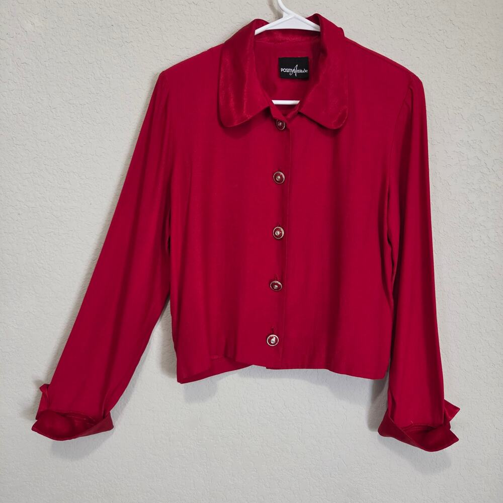 VTG Red Cropped Top Positive Attitude Satin Trim Womens Medium 90s FLAW